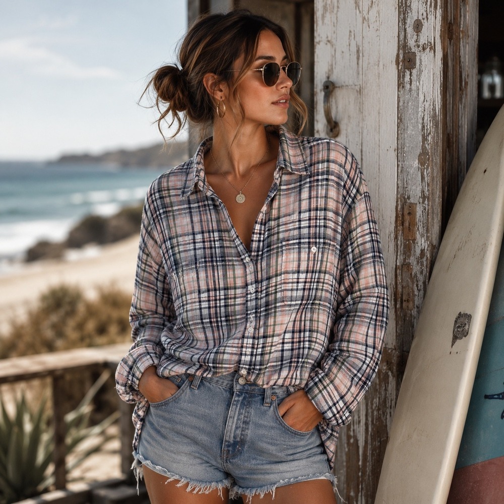 St. Johns Bay Womens Pink Navy Plaid Long Sleeve Button Down Shirt XL Cotton